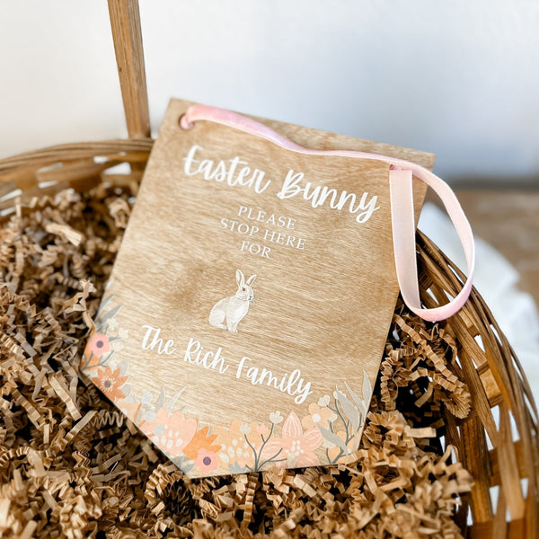 Floral Easter Bunny Stop Here Wooden Pennant Sign - Rich Design Co
